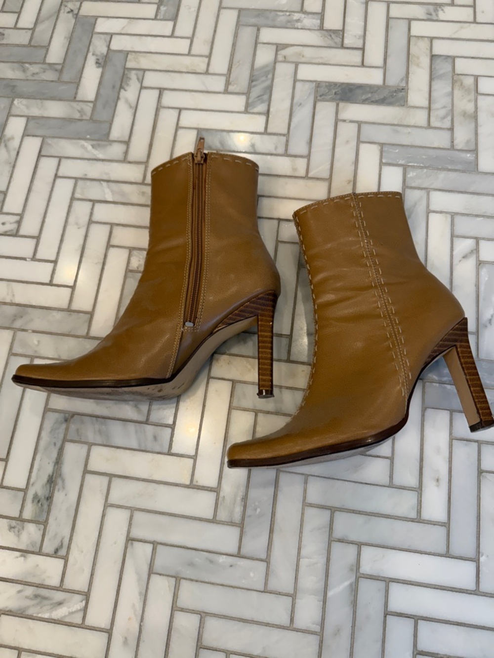 Paprika Tan Faux Leather Mid-Calf Heel Boots - Picture 4 of 6